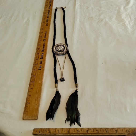 Iris Apfel & Bajalia Black-Clear Rhinestone Feathered Beaded Statement Necklace - Picture 8 of 16